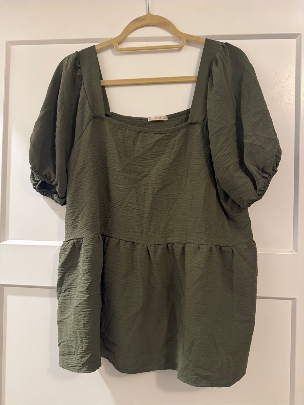 Puff Sleeve Square Neck Blouse — Olive Green